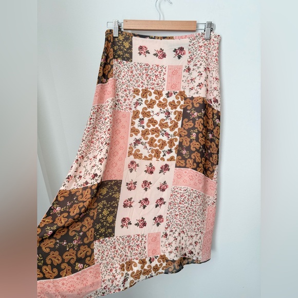 Josephine Chaus Silk Pink and Brown Patchwork Midi Skirt, Size 8 - Picture 2 of 10